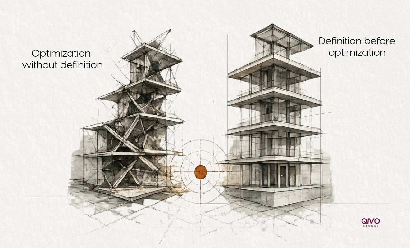 Two architectural structures contrasting optimization without definition versus definition before optimization, illustrating why generative engine optimization begins too late.