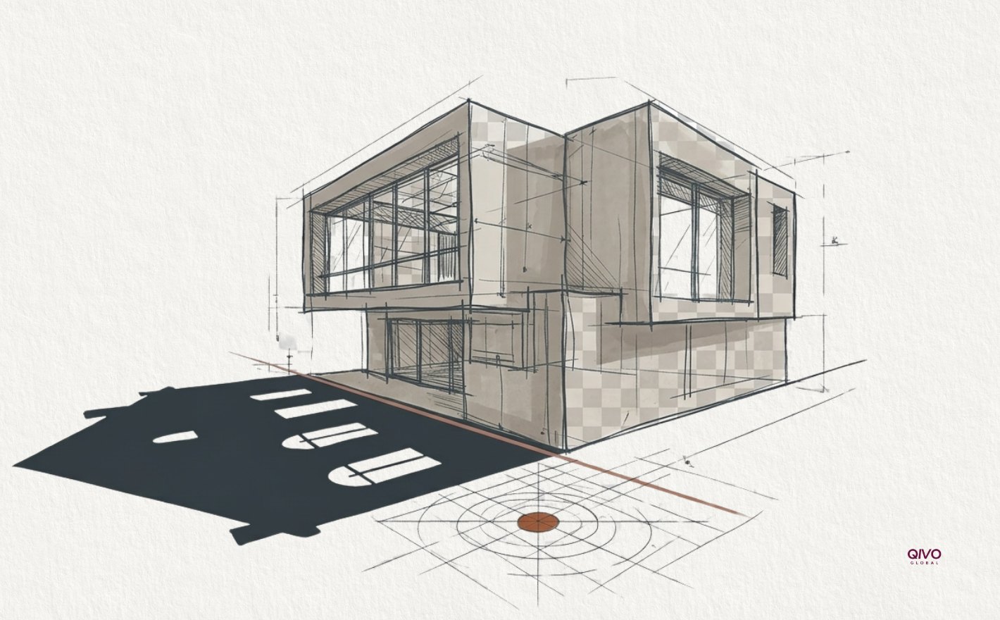 Pen and ink illustration of a modern building casting the mismatched shadow of an older building, representing how AI can hold an outdated version of a company's identity.