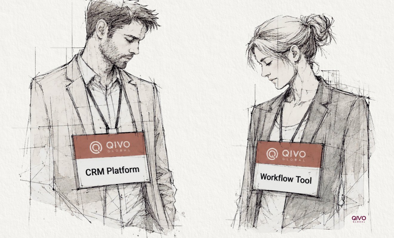 QIVO Global illustration showing semantic drift where AI systems classify the same company differently as CRM Platform and Workflow Tool.