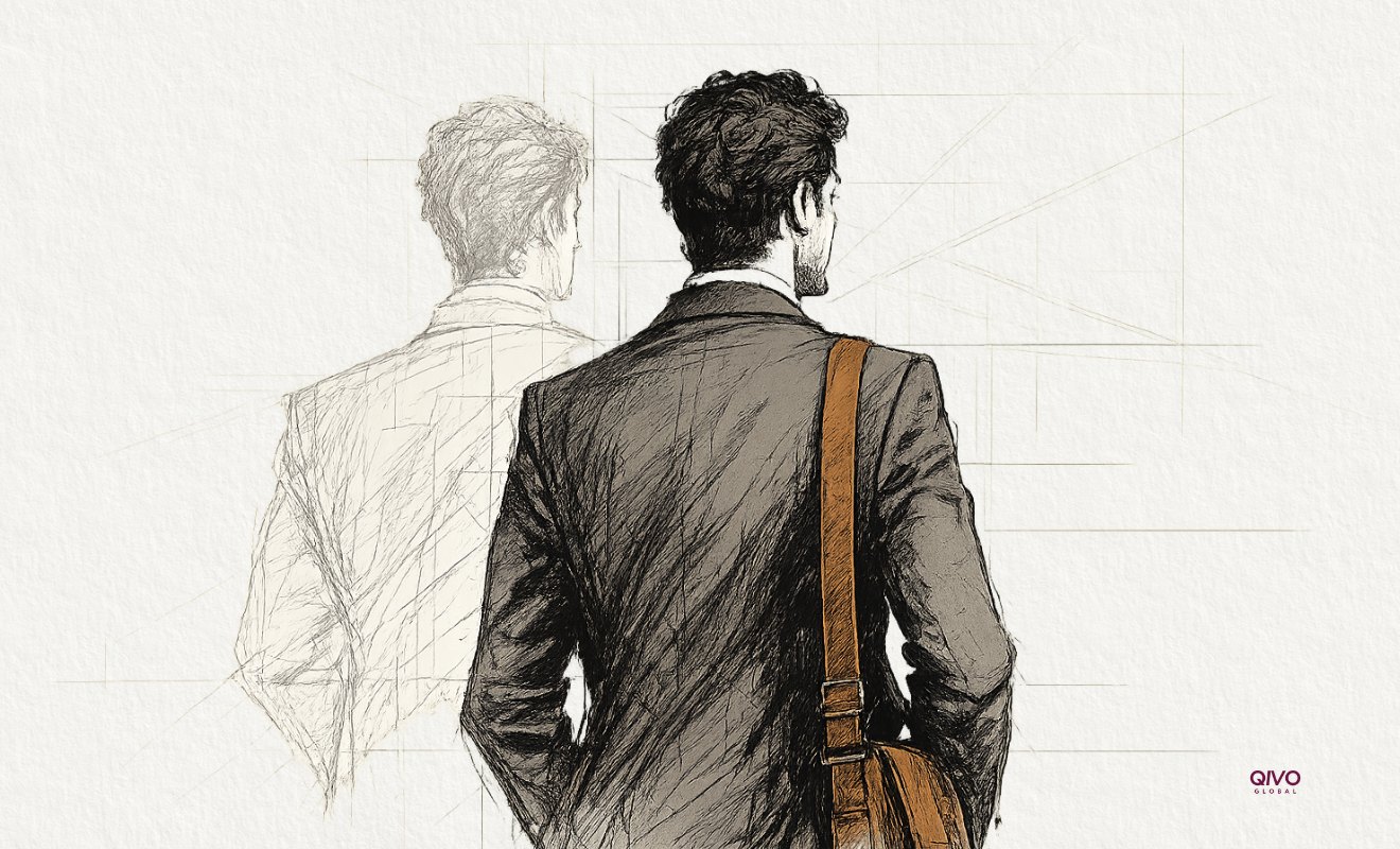Pencil sketch of a businessman walking forward while a faded outline of his earlier self stays behind.