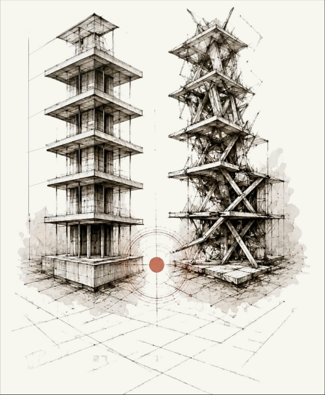 Two sketched towers: one ordered, with every floor in line; one fragmented, with beams crossing in all directions; a red point between them